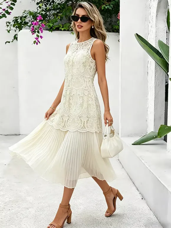 Robe maxi de tous les jours pour femme sans manches col rond taille naturelle élégante robe en dentelle