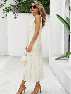 Robe maxi de tous les jours pour femme sans manches col rond taille naturelle élégante robe en dentelle