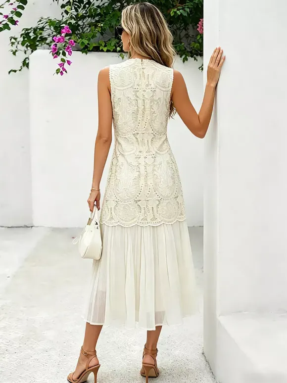 Robe maxi de tous les jours pour femme sans manches col rond taille naturelle élégante robe en dentelle