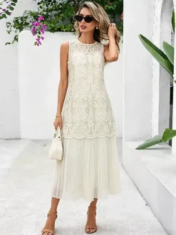 Robe maxi de tous les jours pour femme sans manches col rond taille naturelle élégante robe en dentelle