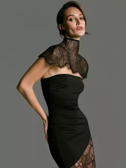 Robe maxi moulante à col montant et fente haute en dentelle patchwork pour femme 2026