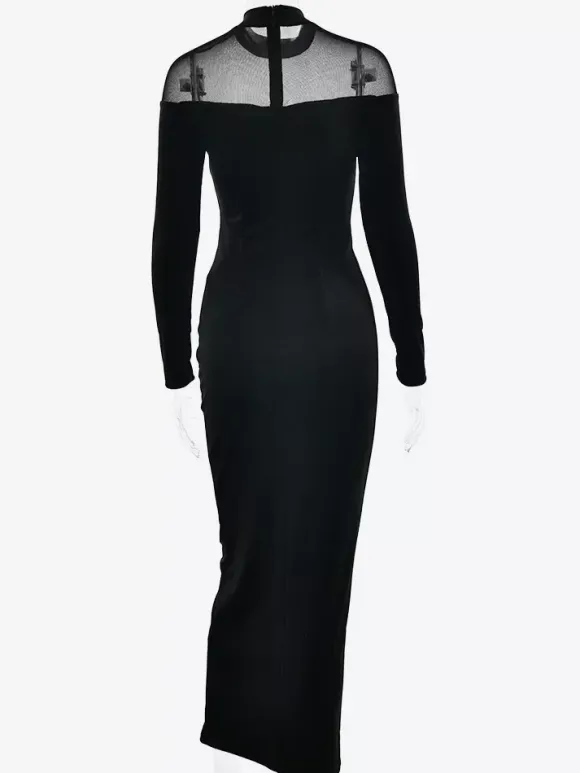 Robe maxi moulante à manches longues et col montant en patchwork de velours et de maille pour femme 2026
