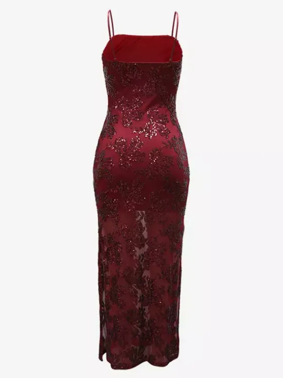 Robe maxi moulante à ourlet transparent et broderie florale à sequins pour femme 2026