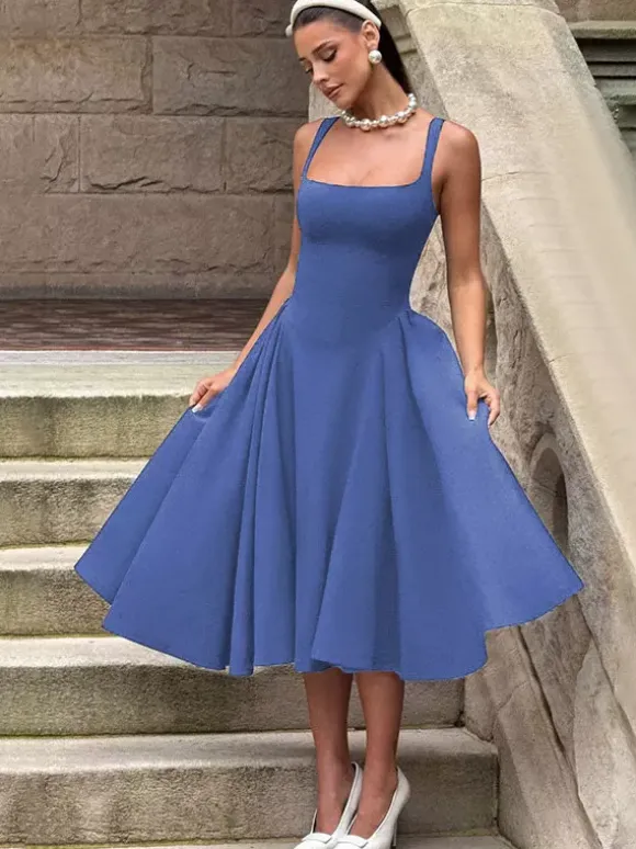 Robe midi à col carré pour femme - Robe plissée rétro trapèze - Idéale pour un cocktail de printemps 2026