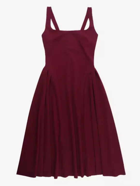 Robe midi à col carré pour femme - Robe plissée rétro trapèze - Idéale pour un cocktail de printemps 2026