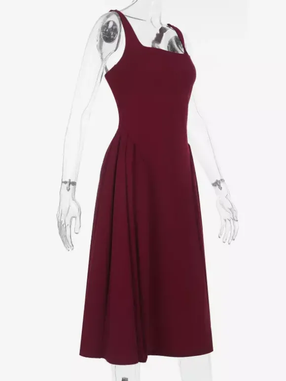 Robe midi à col carré pour femme - Robe plissée rétro trapèze - Idéale pour un cocktail de printemps 2026
