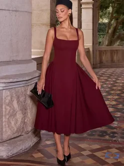 Robe midi à col carré pour femme - Robe plissée rétro trapèze - Idéale pour un cocktail de printemps 2026