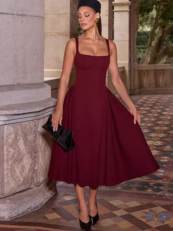 Robe midi à col carré pour femme - Robe plissée rétro trapèze - Idéale pour un cocktail de printemps 2026