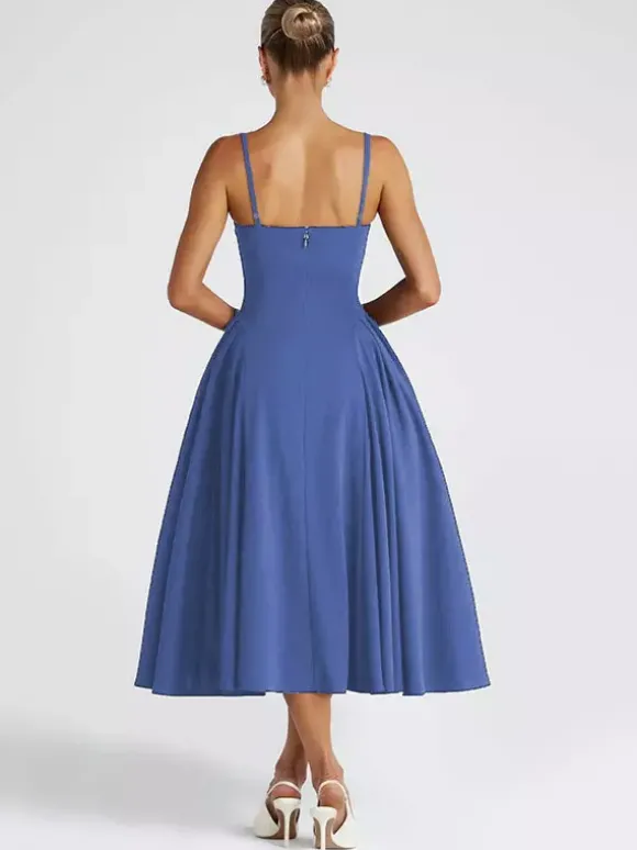 Robe midi à col carré pour femme - Robe plissée rétro trapèze - Idéale pour un cocktail de printemps 2026