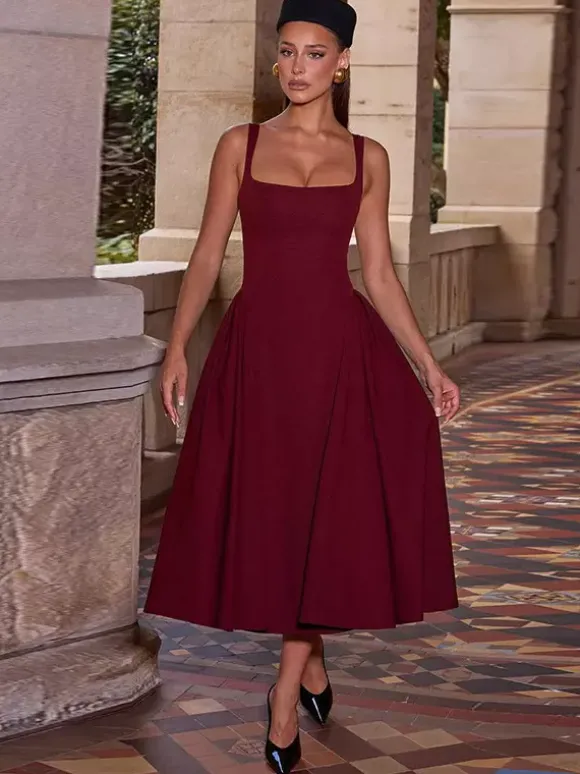 Robe midi à col carré pour femme - Robe plissée rétro trapèze - Idéale pour un cocktail de printemps 2026