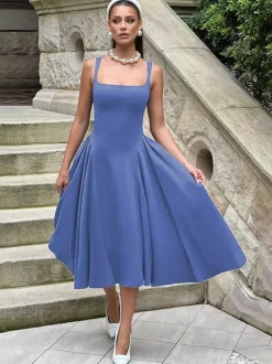Robe midi à col carré pour femme - Robe plissée rétro trapèze - Idéale pour un cocktail de printemps 2026