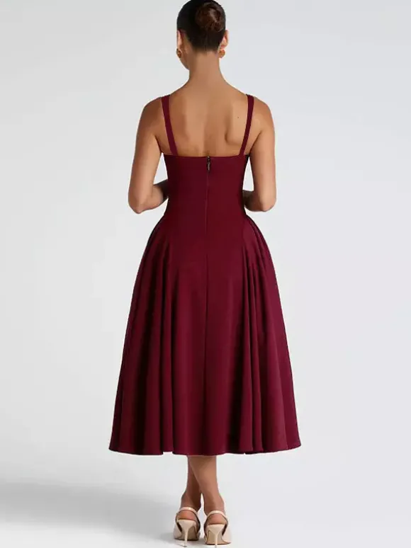 Robe midi à col carré pour femme - Robe plissée rétro trapèze - Idéale pour un cocktail de printemps 2026