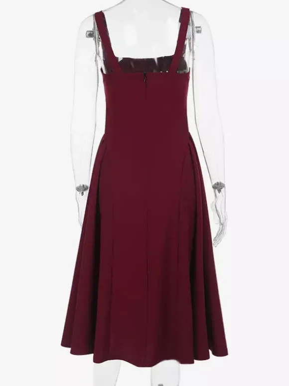Robe midi à col carré pour femme - Robe plissée rétro trapèze - Idéale pour un cocktail de printemps 2026