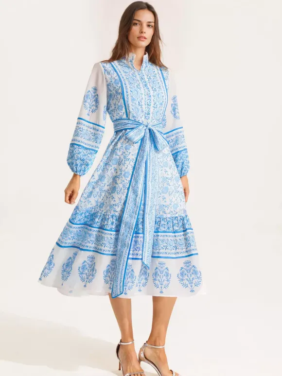 Robe midi à imprimé floral pour femme - Manches lanternes col montant coupe trapèze ceinture - Style folklorique - Idéale pour une garden-party printanière (2026)