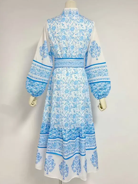 Robe midi à imprimé floral pour femme - Manches lanternes col montant coupe trapèze ceinture - Style folklorique - Idéale pour une garden-party printanière (2026)