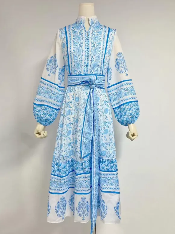 Robe midi à imprimé floral pour femme - Manches lanternes col montant coupe trapèze ceinture - Style folklorique - Idéale pour une garden-party printanière (2026)