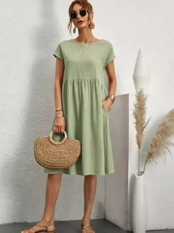 Robe midi à manches courtes pour femme - Robe t-shirt ample minimaliste unie avec poches - Idéale pour un look décontracté d'été 2026