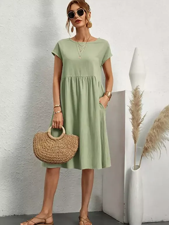 Robe midi à manches courtes pour femme - Robe t-shirt ample minimaliste unie avec poches - Idéale pour un look décontracté d'été 2026