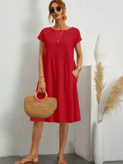 Robe midi à manches courtes pour femme - Robe t-shirt ample minimaliste unie avec poches - Idéale pour un look décontracté d'été 2026