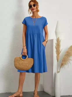 Robe midi à manches courtes pour femme - Robe t-shirt ample minimaliste unie avec poches - Idéale pour un look décontracté d'été 2026