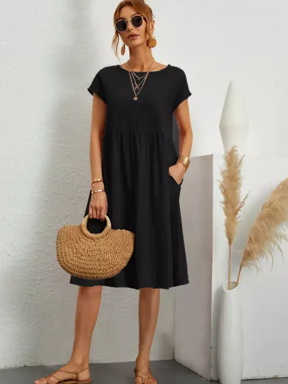 Robe midi à manches courtes pour femme - Robe t-shirt ample minimaliste unie avec poches - Idéale pour un look décontracté d'été 2026
