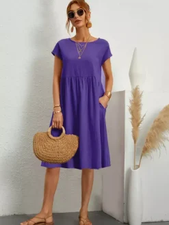 Robe midi à manches courtes pour femme - Robe t-shirt ample minimaliste unie avec poches - Idéale pour un look décontracté d'été 2026