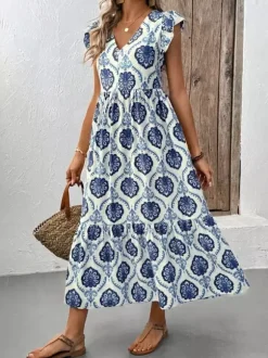 Robe midi à volants imprimée médaillons blancs et bleus pour femme col en V manches courtes à volants style décontracté d'été