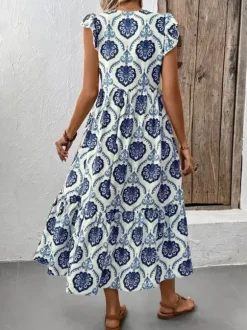 Robe midi à volants imprimée médaillons blancs et bleus pour femme col en V manches courtes à volants style décontracté d'été