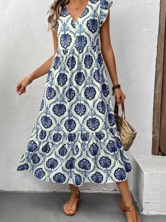 Robe midi à volants imprimée médaillons blancs et bleus pour femme col en V manches courtes à volants style décontracté d'été