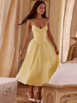 Robe midi corset pour femme - Robe d'été à fines bretelles style cottagecore - Robe d'invitée pour un mariage champêtre d'été 2026
