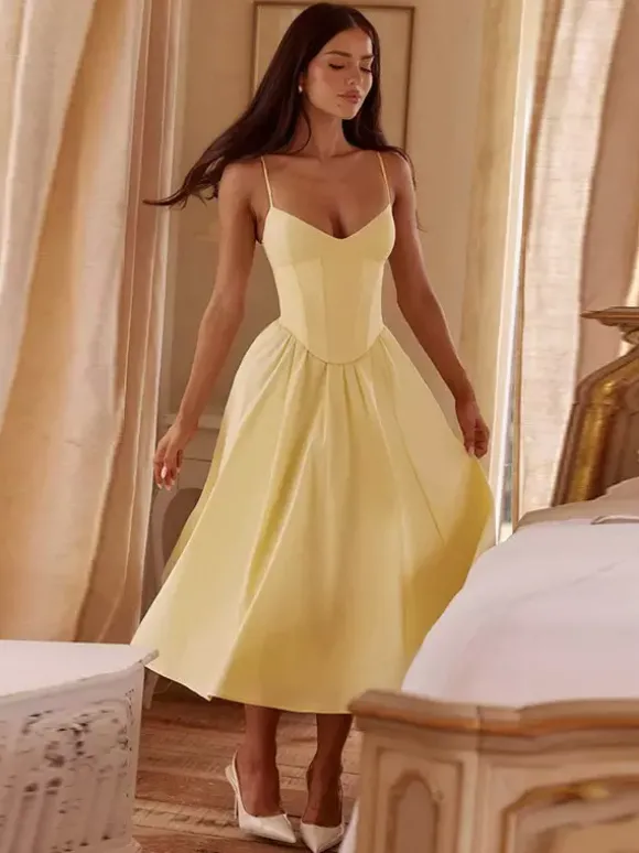 Robe midi corset pour femme - Robe d'été à fines bretelles style cottagecore - Robe d'invitée pour un mariage champêtre d'été 2026