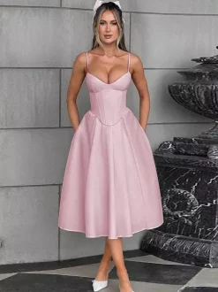 Robe midi corset pour femme - Robe d'été à fines bretelles style cottagecore - Robe d'invitée pour un mariage champêtre d'été 2026