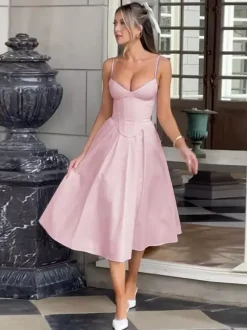 Robe midi corset pour femme - Robe d'été à fines bretelles style cottagecore - Robe d'invitée pour un mariage champêtre d'été 2026