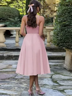 Robe midi corset pour femme - Robe d'été à fines bretelles style cottagecore - Robe d'invitée pour un mariage champêtre d'été 2026