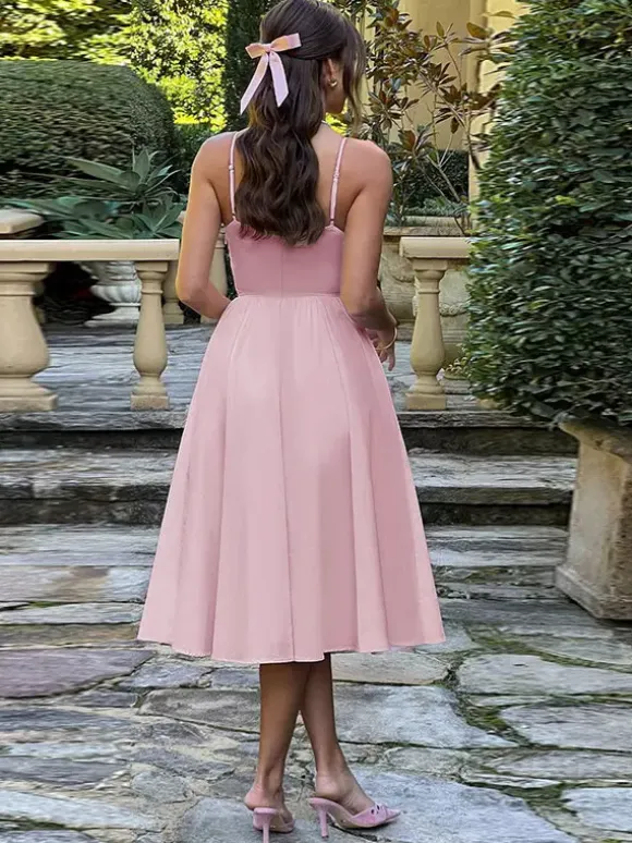Robe midi corset pour femme - Robe d'été à fines bretelles style cottagecore - Robe d'invitée pour un mariage champêtre d'été 2026