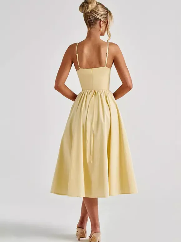 Robe midi corset pour femme - Robe d'été à fines bretelles style cottagecore - Robe d'invitée pour un mariage champêtre d'été 2026
