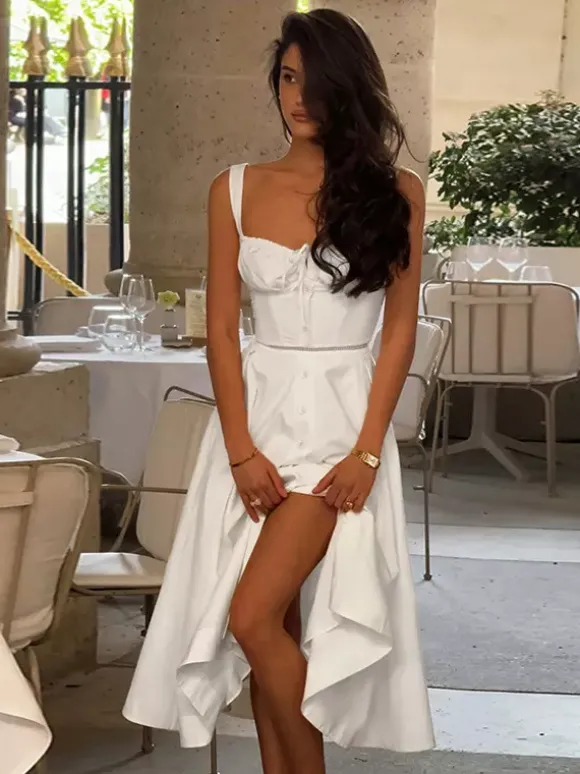 Robe midi Cottagecore pour femme - Robe d'été blanche élégante à nouer sur le devant - Tenue d'invitée pour un mariage champêtre d'été 2026