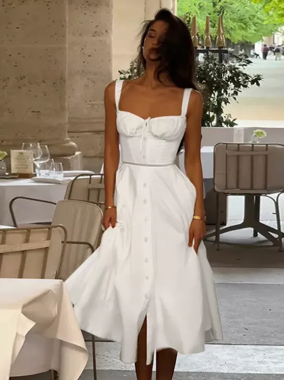 Robe midi Cottagecore pour femme - Robe d'été blanche élégante à nouer sur le devant - Tenue d'invitée pour un mariage champêtre d'été 2026