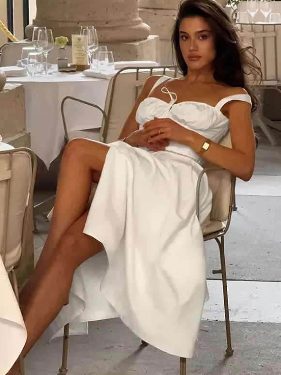 Robe midi Cottagecore pour femme - Robe d'été blanche élégante à nouer sur le devant - Tenue d'invitée pour un mariage champêtre d'été 2026