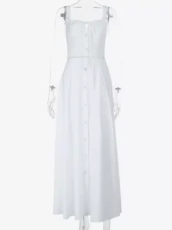 Robe midi Cottagecore pour femme - Robe d'été blanche élégante à nouer sur le devant - Tenue d'invitée pour un mariage champêtre d'été 2026