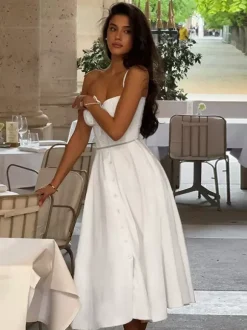 Robe midi Cottagecore pour femme - Robe d'été blanche élégante à nouer sur le devant - Tenue d'invitée pour un mariage champêtre d'été 2026