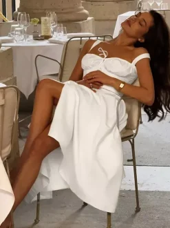 Robe midi Cottagecore pour femme - Robe d'été blanche élégante à nouer sur le devant - Tenue d'invitée pour un mariage champêtre d'été 2026