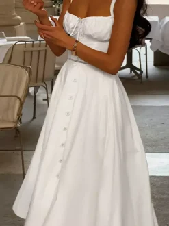 Robe midi Cottagecore pour femme - Robe d'été blanche élégante à nouer sur le devant - Tenue d'invitée pour un mariage champêtre d'été 2026