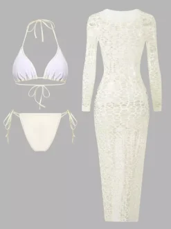 Robe midi de plage à manches longues en résille avec ensemble bikini dos nu assorti