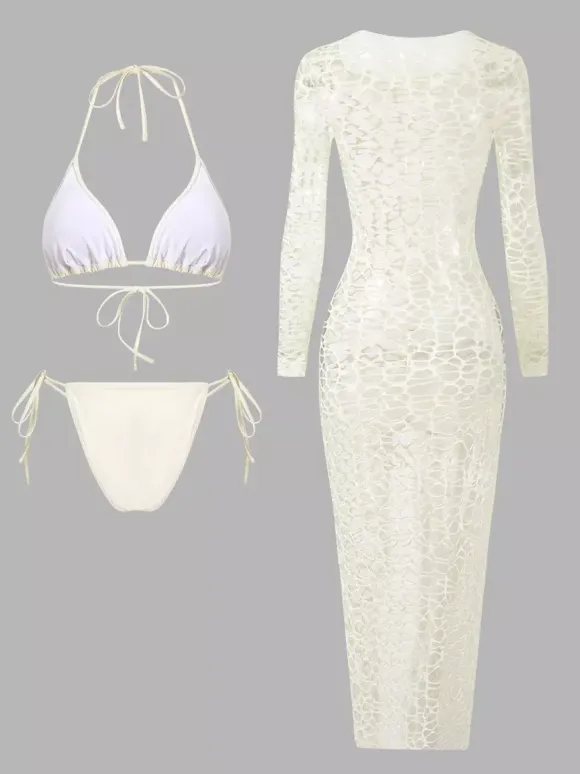 Robe midi de plage à manches longues en résille avec ensemble bikini dos nu assorti