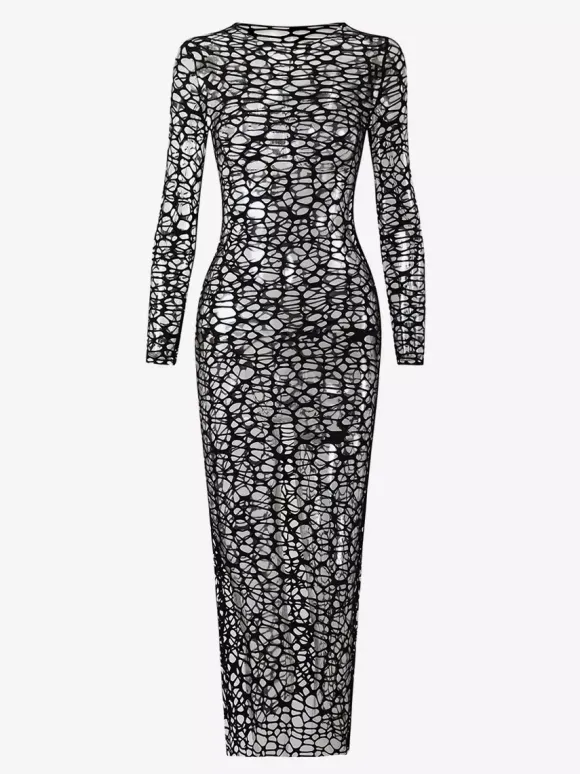 Robe midi de plage à manches longues en résille avec ensemble bikini dos nu assorti