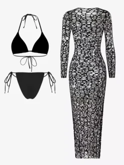 Robe midi de plage à manches longues en résille avec ensemble bikini dos nu assorti