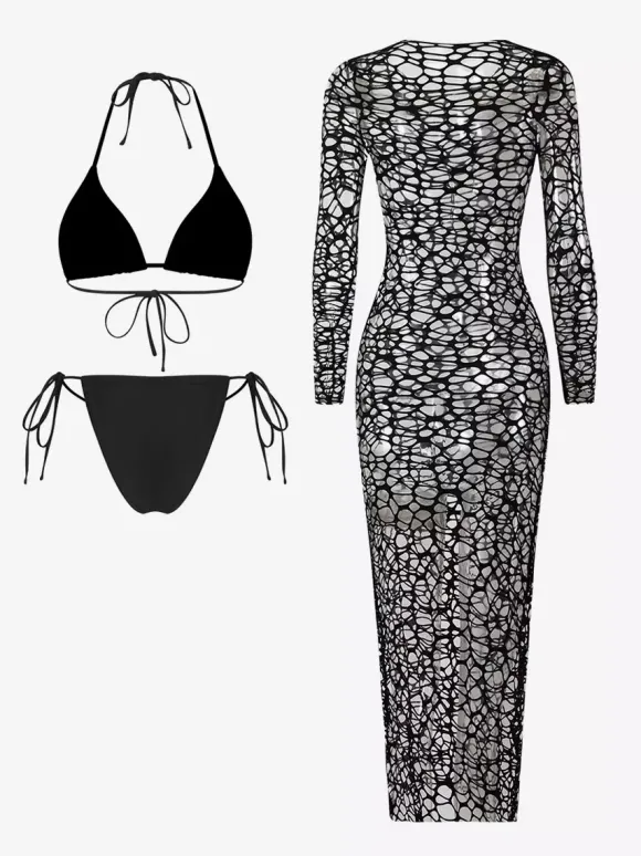 Robe midi de plage à manches longues en résille avec ensemble bikini dos nu assorti