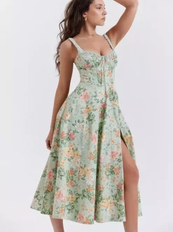 Robe midi dos nu à fleurs sans manches à cordon de serrage imprimé floral et col en V style décontracté vert