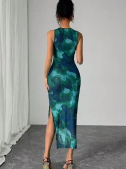 Robe midi femme en maille florale verte - Élégante robe froncée sans manches avec fente latérale - Style vintage idéale pour les invités aux mariages d'été (collection 2026)